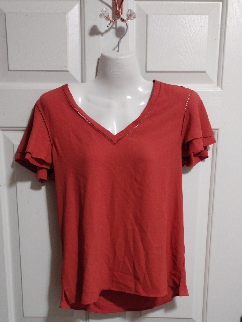 Ann Taylor Rust Short Sleeve V-Neck Ruffle Tee XS - Picture 2 of 6